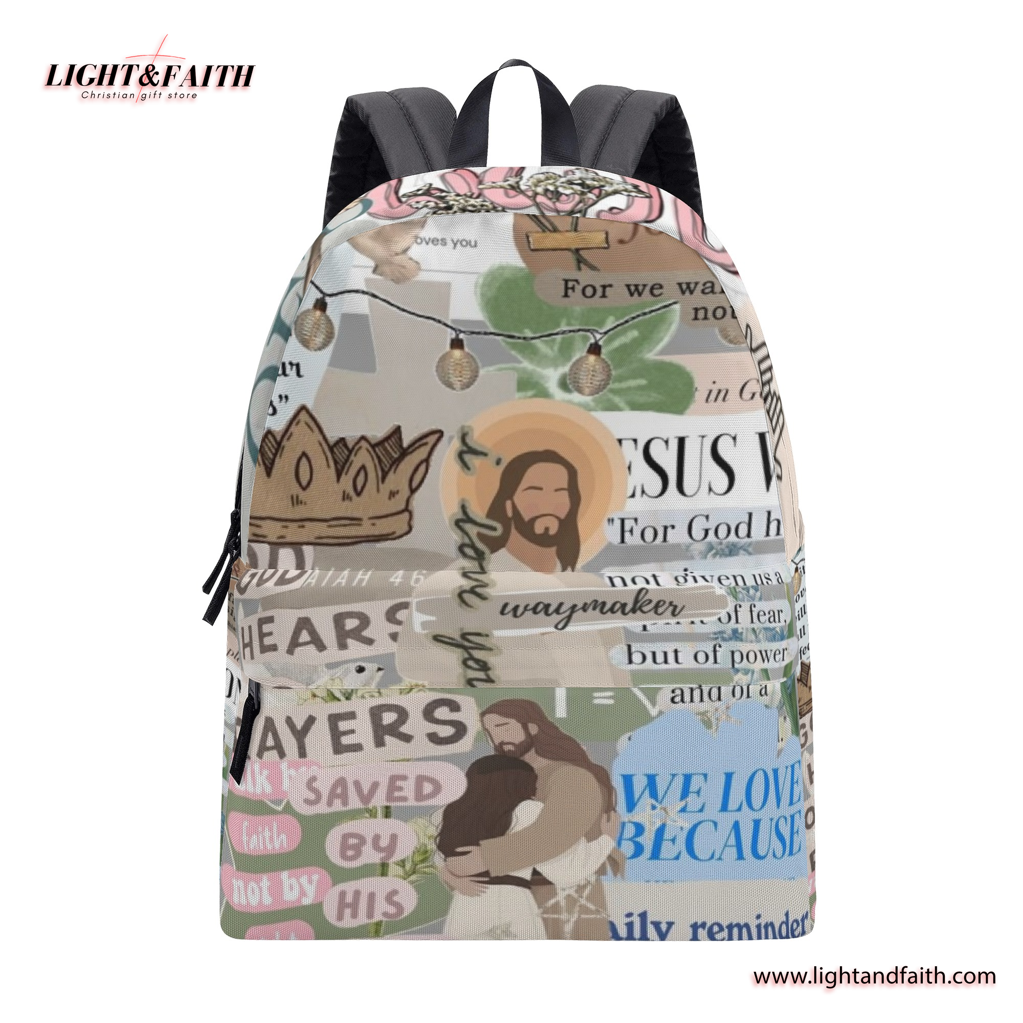Christian Backpack with Jesus and Bible Verses, Waymaker, Faith Quotes, Crown of Glory Design.PLAF33
